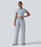 Pantalon large taille haute en tissu froissé froncé séchage rapide avec poches
