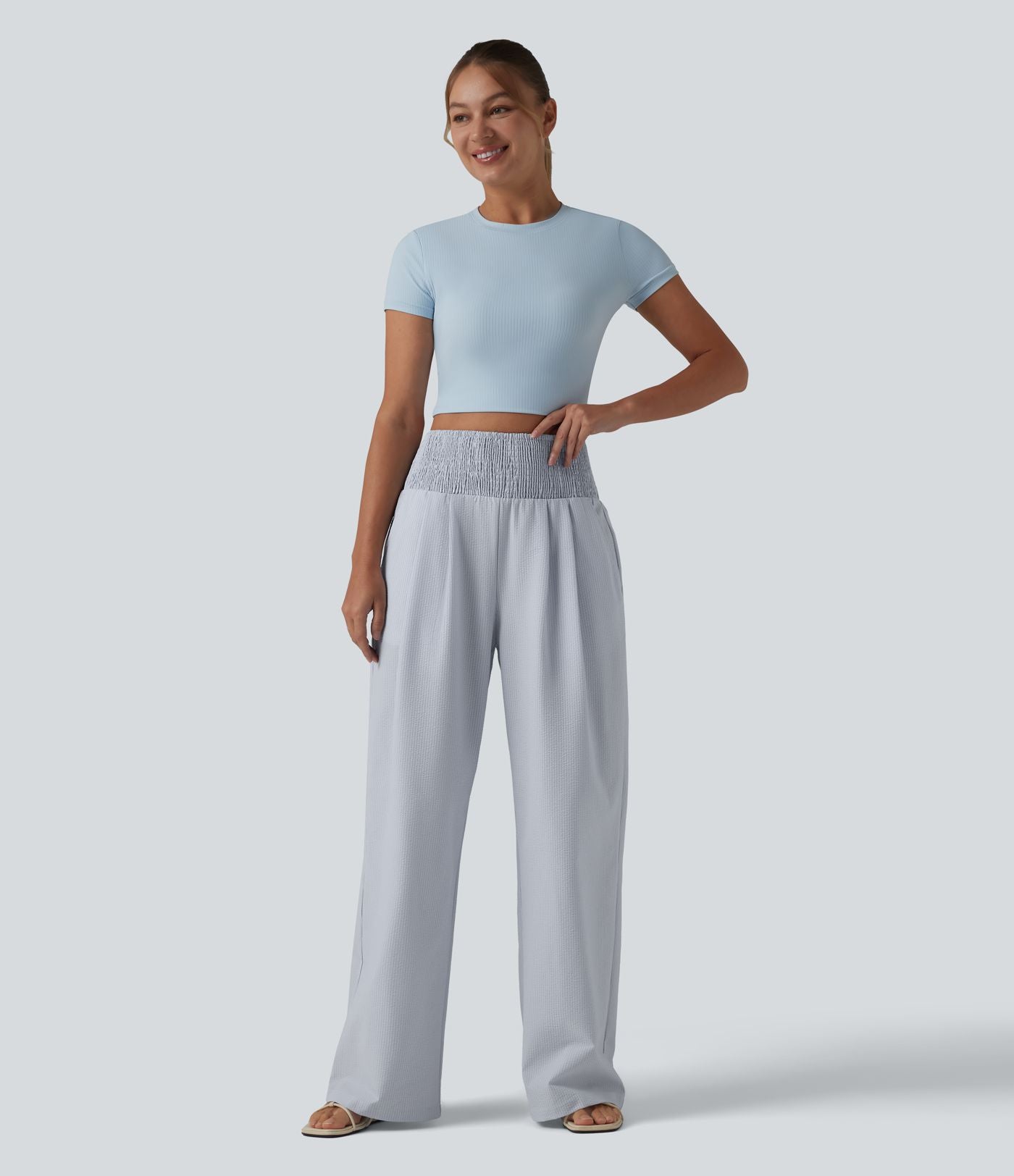 Pantalon large taille haute en tissu froissé froncé séchage rapide avec poches