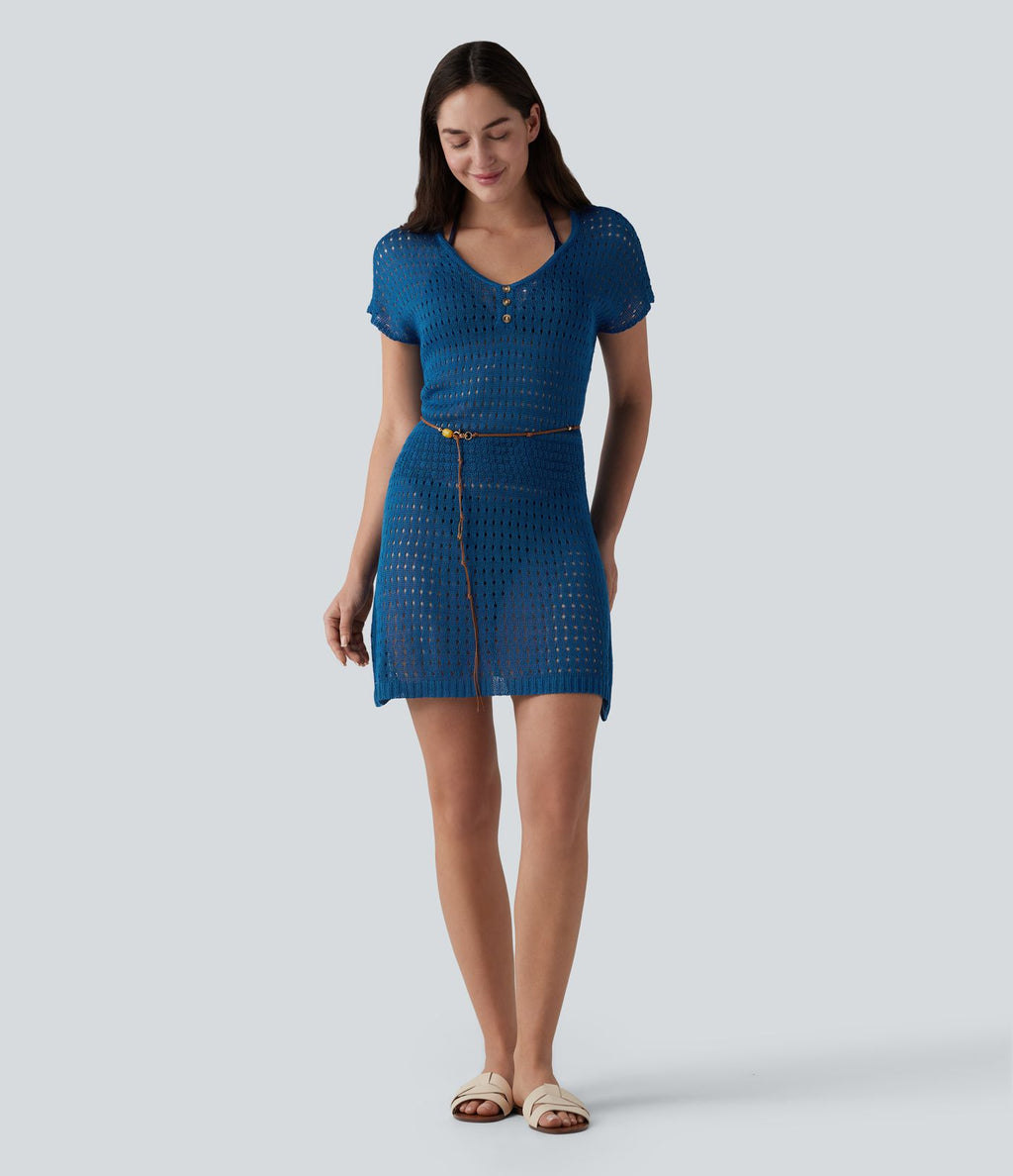 Robe mini cache-maillot station balnéaire col V manches courtes ajouré