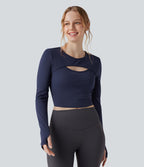 Haut de sport yoga court 2-en-1 col rond à manches longues avec passants pouces et laçage SoftlyZero™ Airy - UPF50+