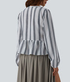 Blouse aspect lin à rayures manches longues ourlet à volants à nouer devant