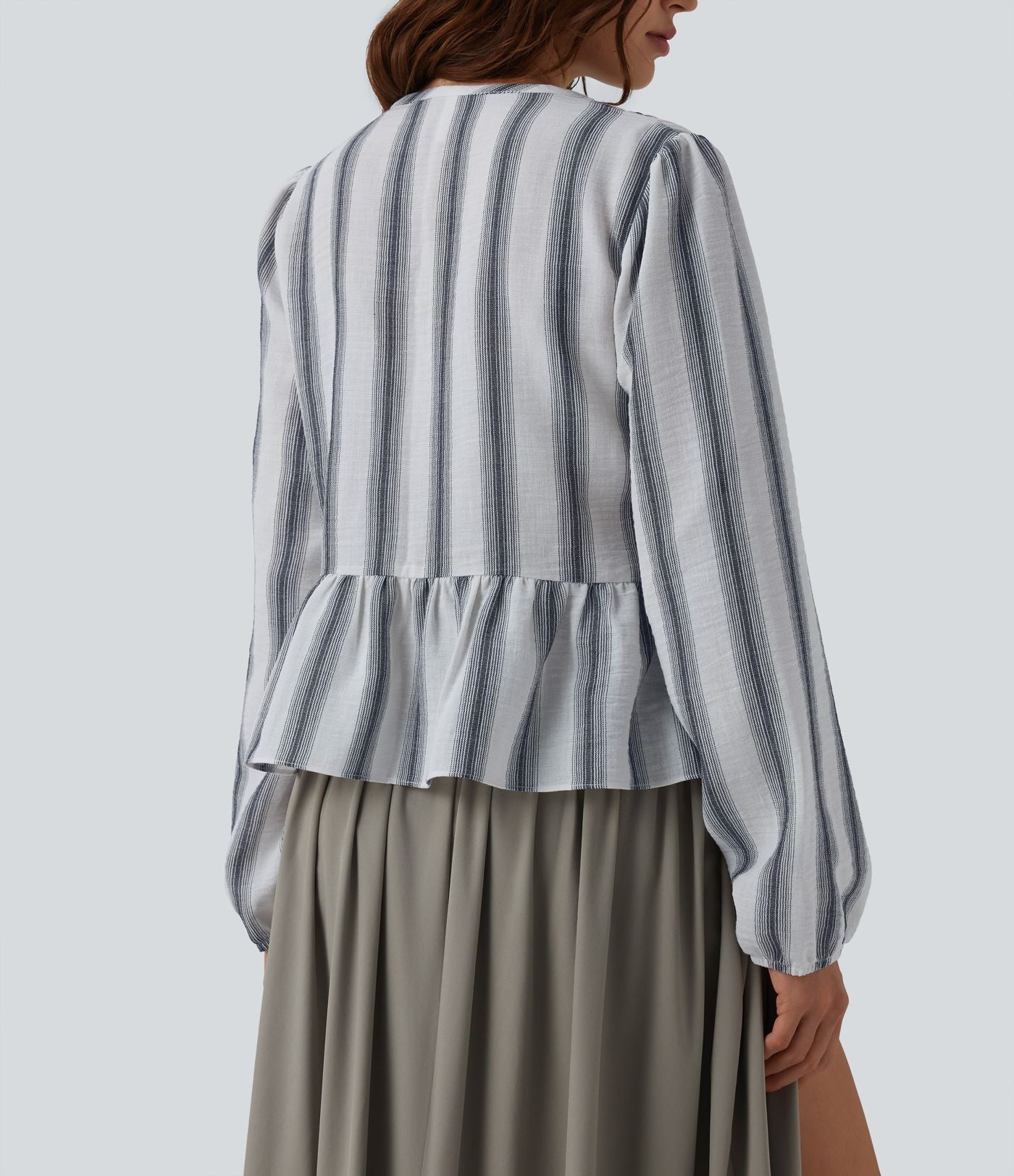 Blouse aspect lin à rayures manches longues ourlet à volants à nouer devant