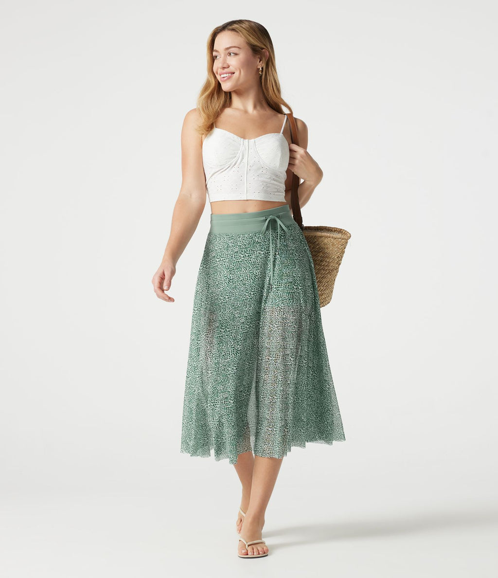 Jupe midi évasée fluide 2-en-1 taille haute imprimé léopard, cordon de serrage et empiècements en maille contrastée, avec poches
