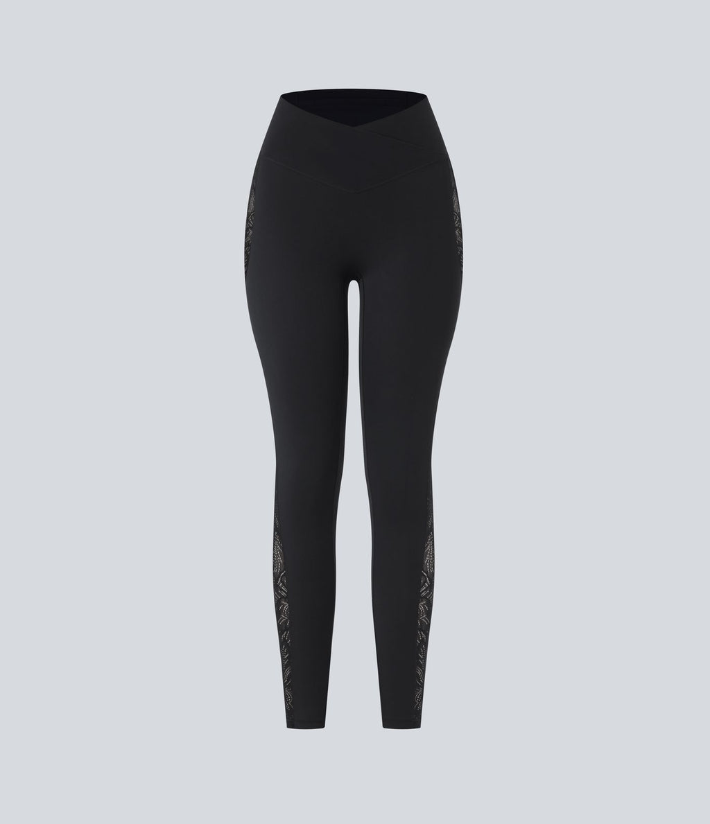 Softlyzero™ Legging Yoga 7/8 Taille Haute avec Poche au Dos Découpe Croisée et Dentelle Contrastante