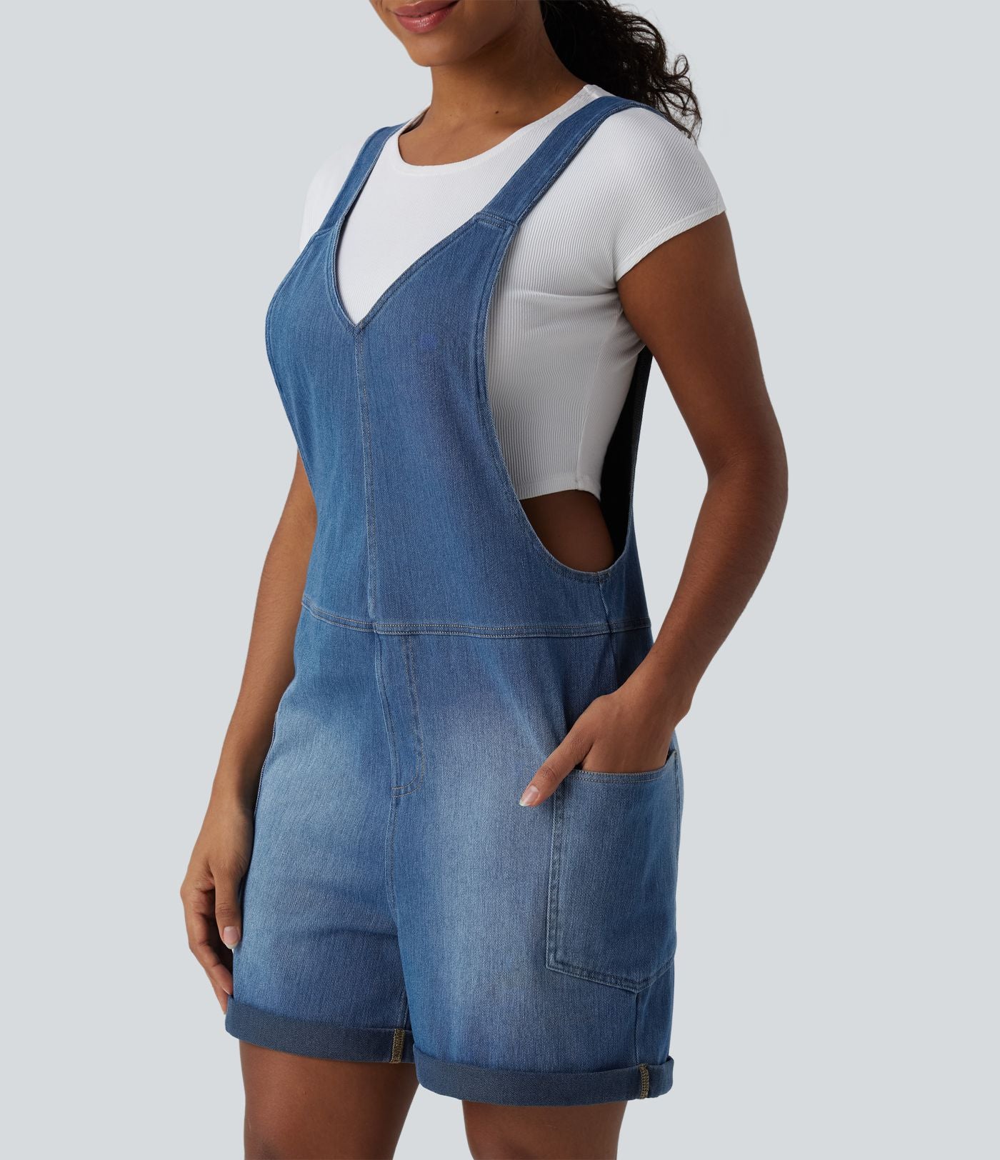 Salopette en jean Halara Flex™ col V délavée décontractée à ourlet roulotté avec poches