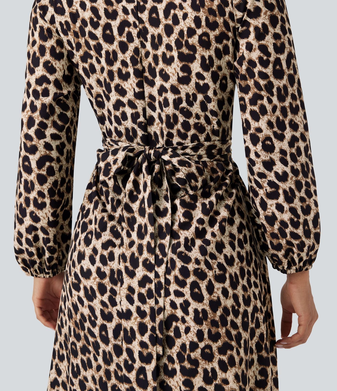 Robe décontractée mi-longue à imprimé léopard, col V, manches longues et lien dos avec poches