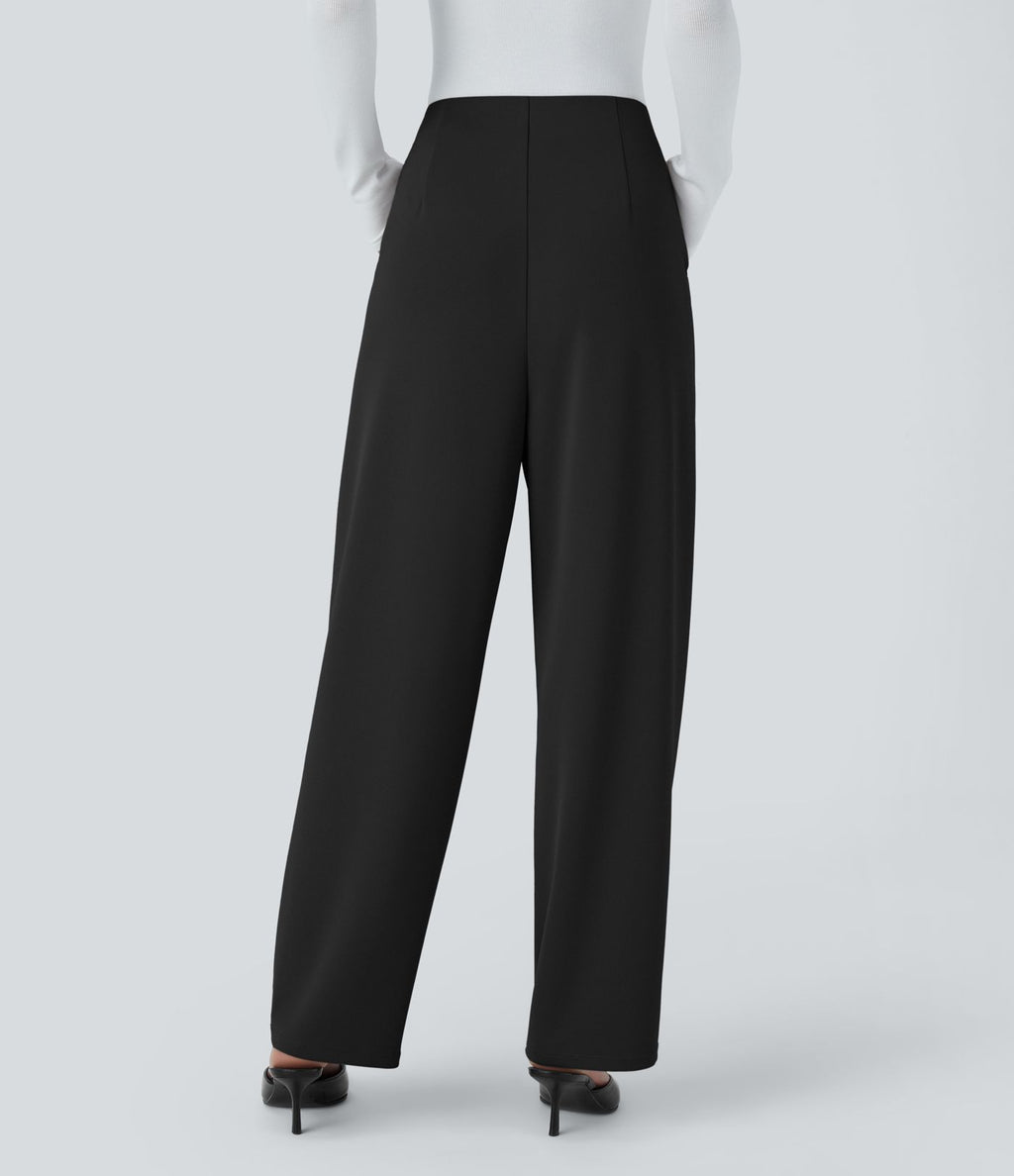 Pantalon décontracté barrel droit en crêpe, taille haute, avec poches