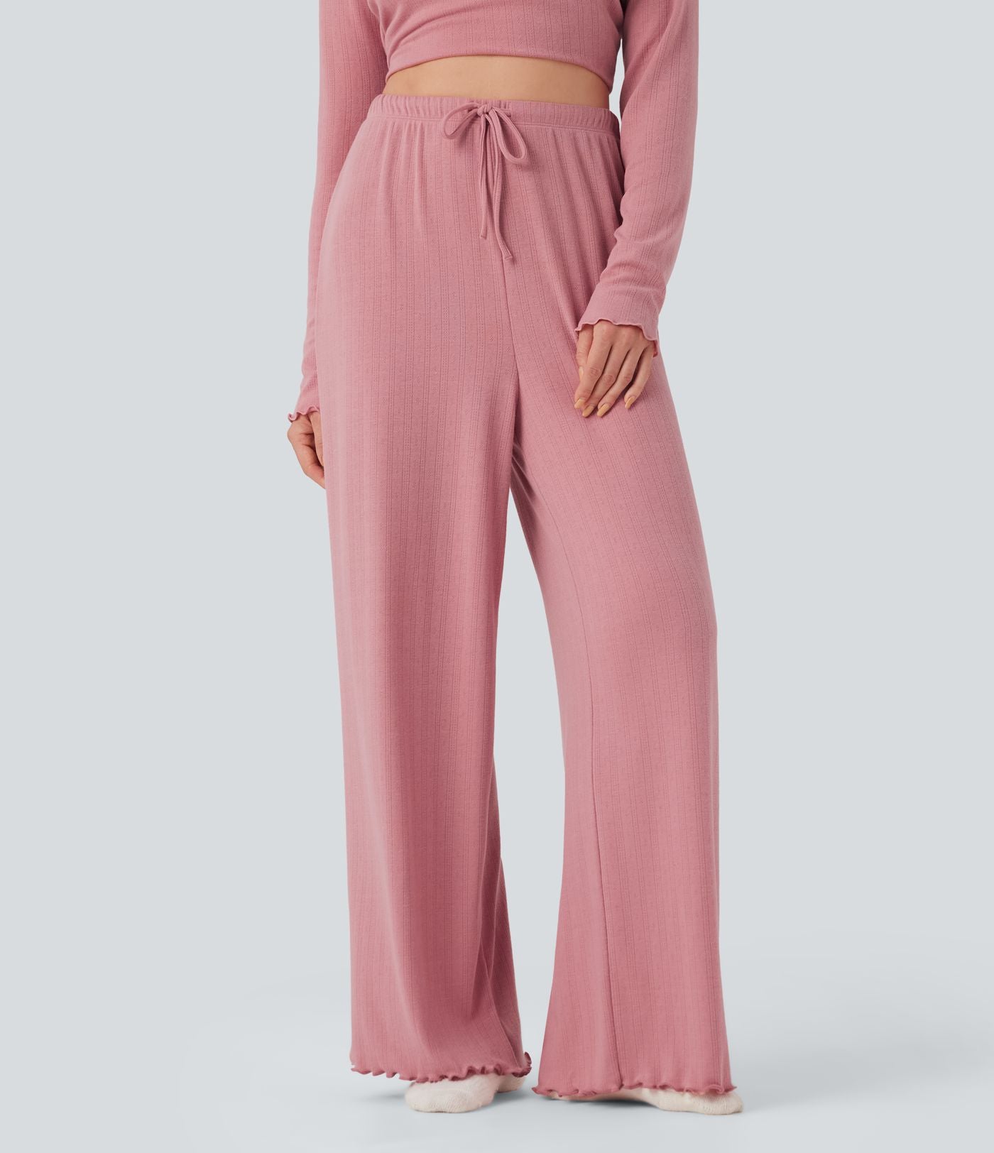 Pantalon détente taille haute coupe droite finitions plissées pointelle avec cordon de serrage