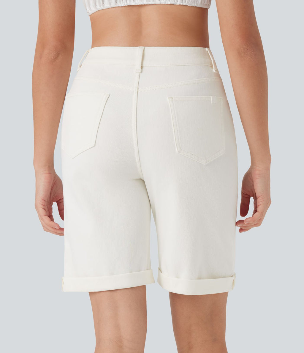 Bermuda décontracté en jean extensible délavé Halara Flex™ taille haute avec revers et multiples poches