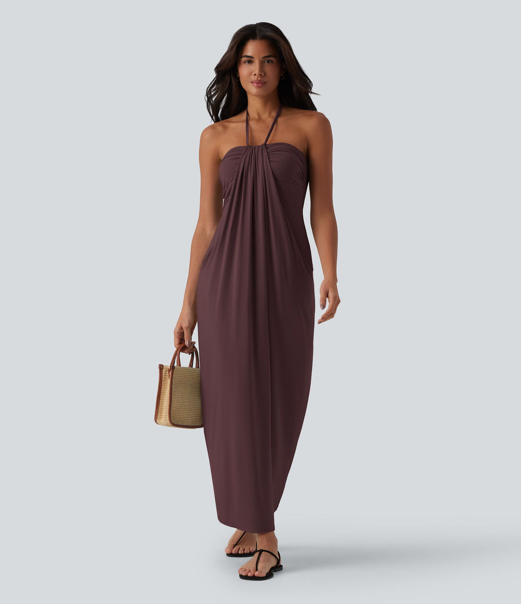 Robe longue dos nu col licou avec nœud et poches