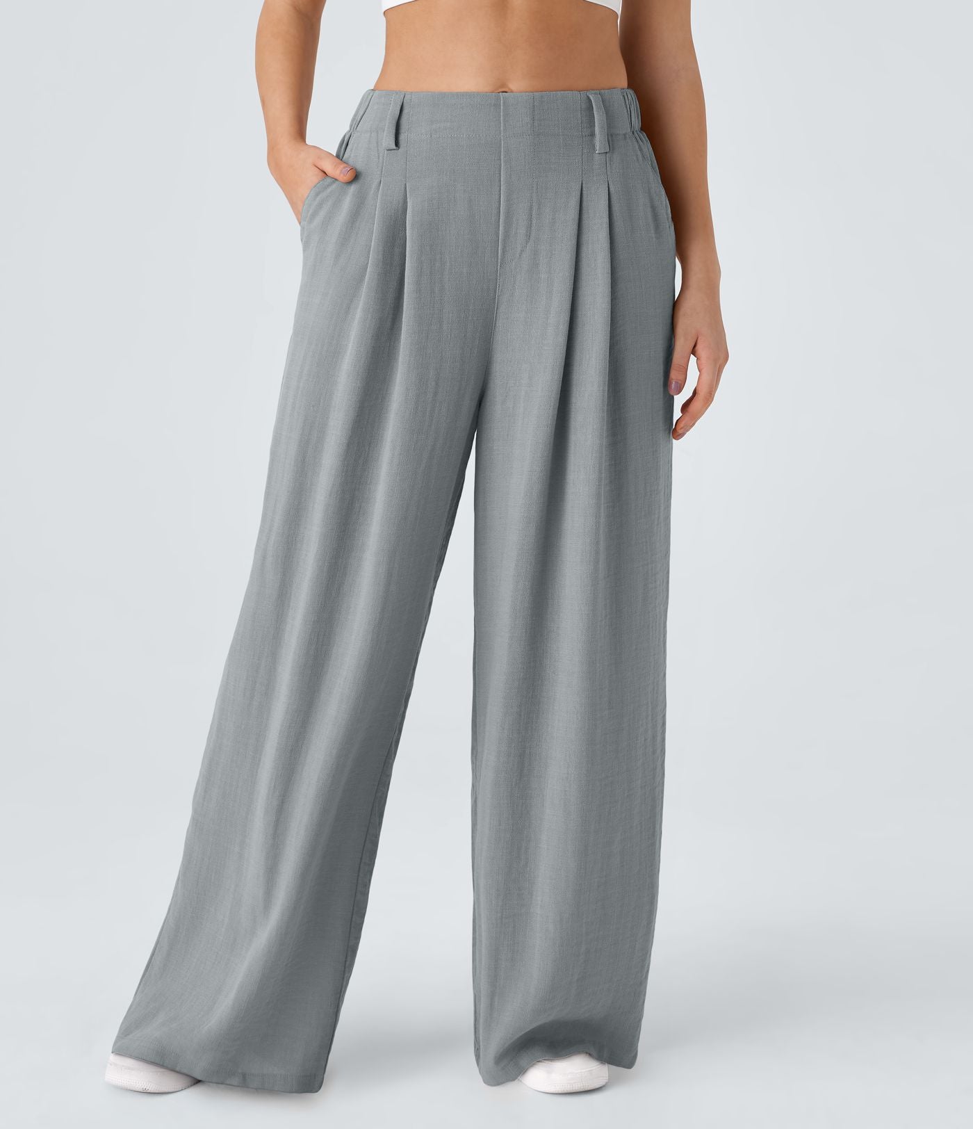 Pantalon Fluide Large Taille Haute Poches Latérales Palazzo Solide Casual Linen-Feel