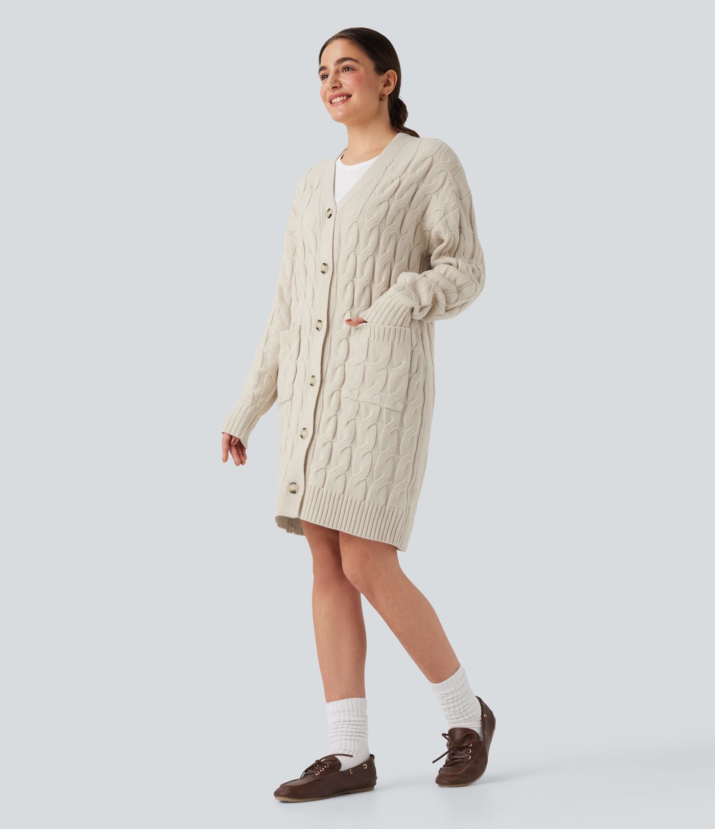 Cardigan décontracté long col V manches longues avec poches