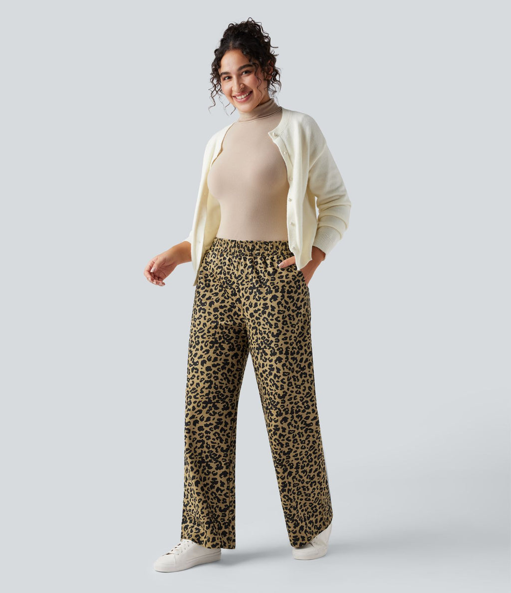 Pantalon léopard ample décontracté velours côtelé imprimé taille haute avec poches