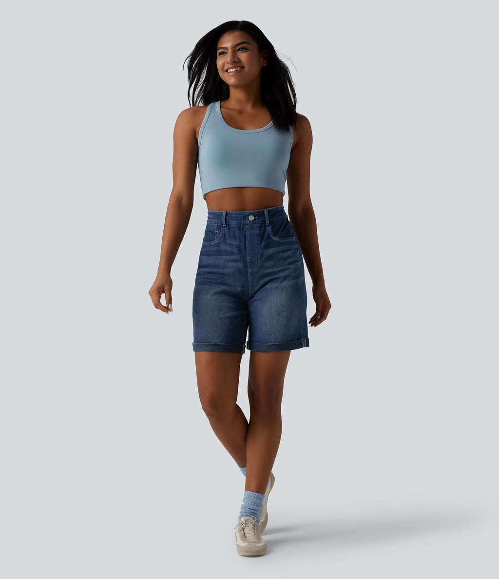 Halara Flex™ Short casual en jean skinny gainant taille haute à ourlet retroussé avec poches