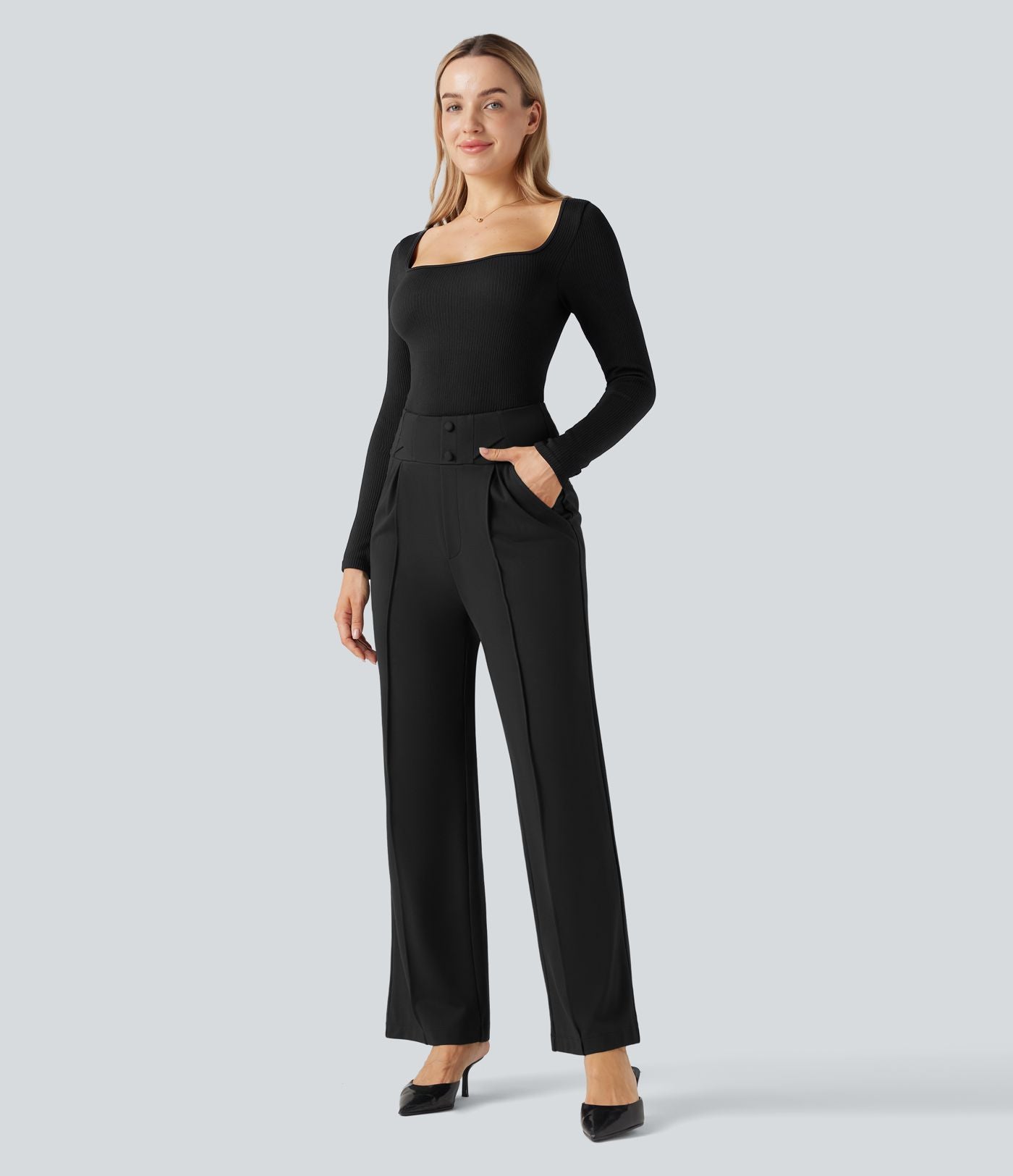 Pantalon tailleur coupe droite taille haute Halara Flex™ avec poches