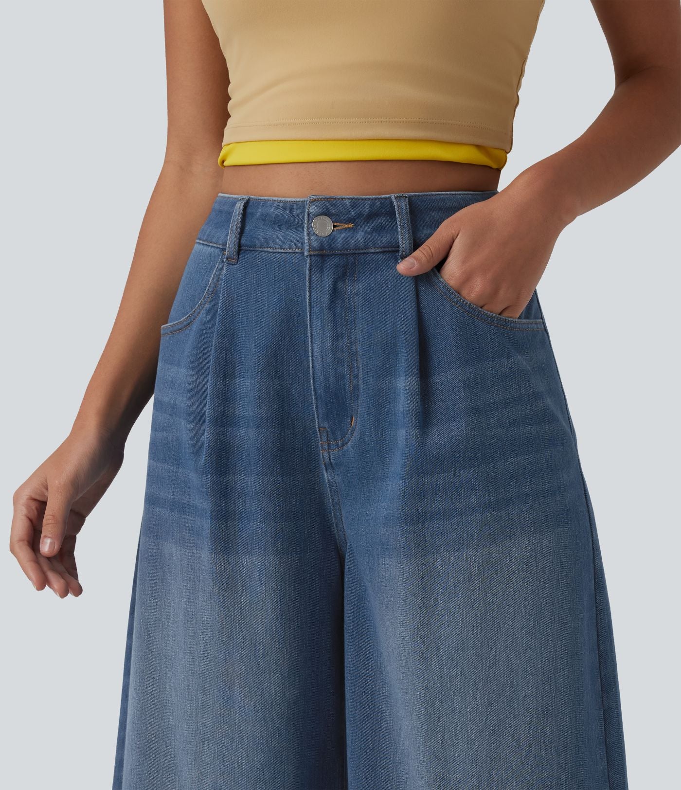 Bermuda denim décontracté Halara Flex™ taille haute avec poches