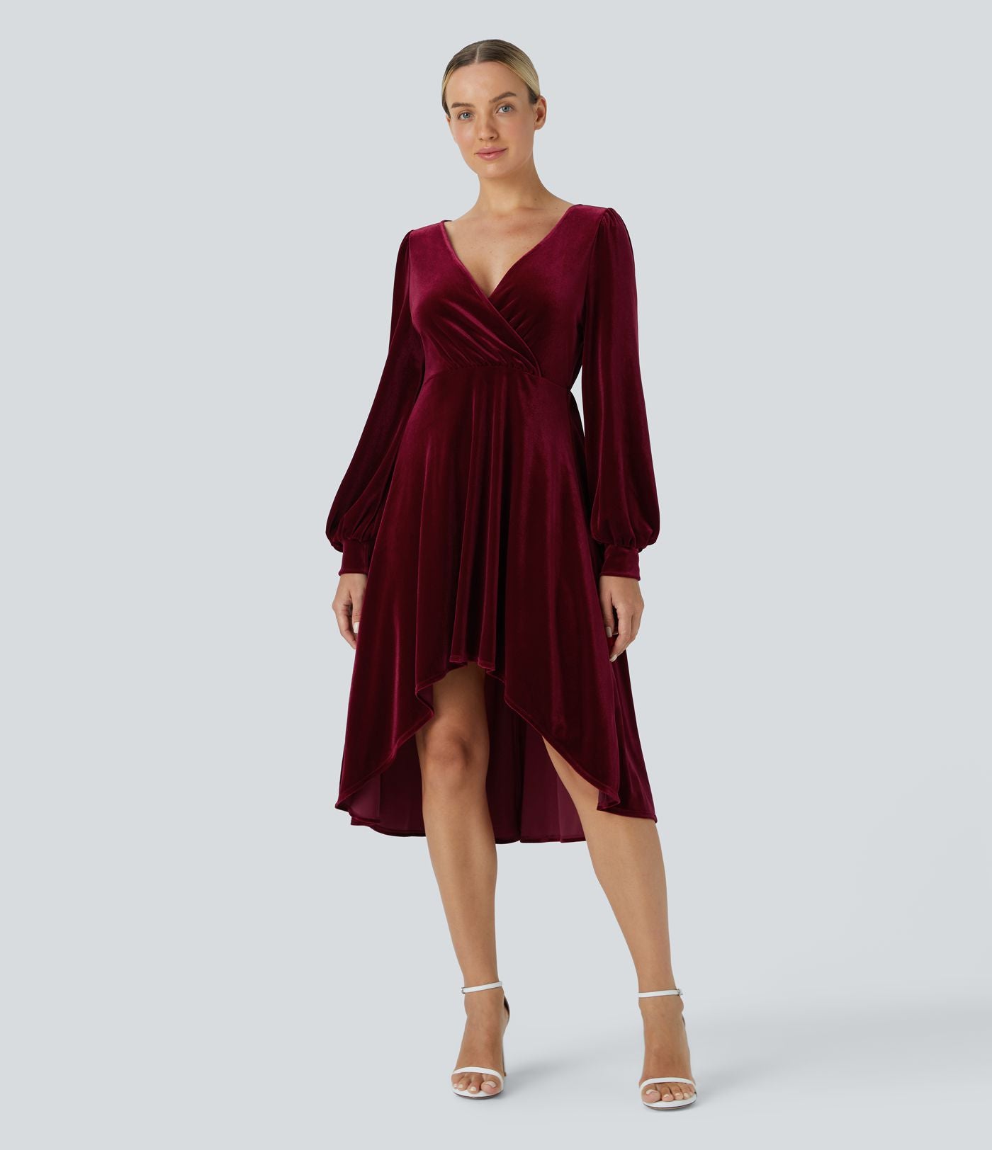 V Neck de Crossover Bishop Long Sleeve High Low Flowy Velvet Midi Casual Dress
