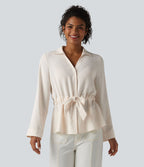 Chemise effet lin esprit bureau à revers, manches retroussées et lien à nouer