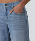 Halara Flex™ Jean Large Casual Taille Basse avec Boutons Zip Multiples Poches Lavés Élastiques et Tricotés