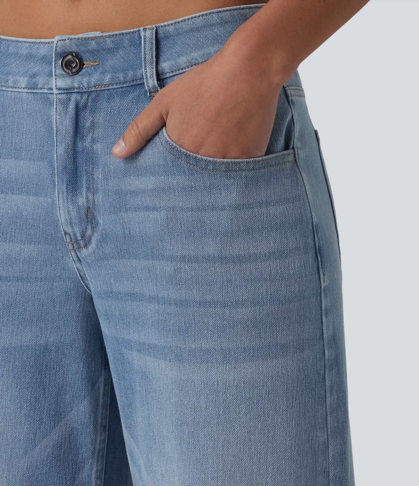 Halara Flex™ Jean Large Casual Taille Basse avec Boutons Zip Multiples Poches Lavés Élastiques et Tricotés