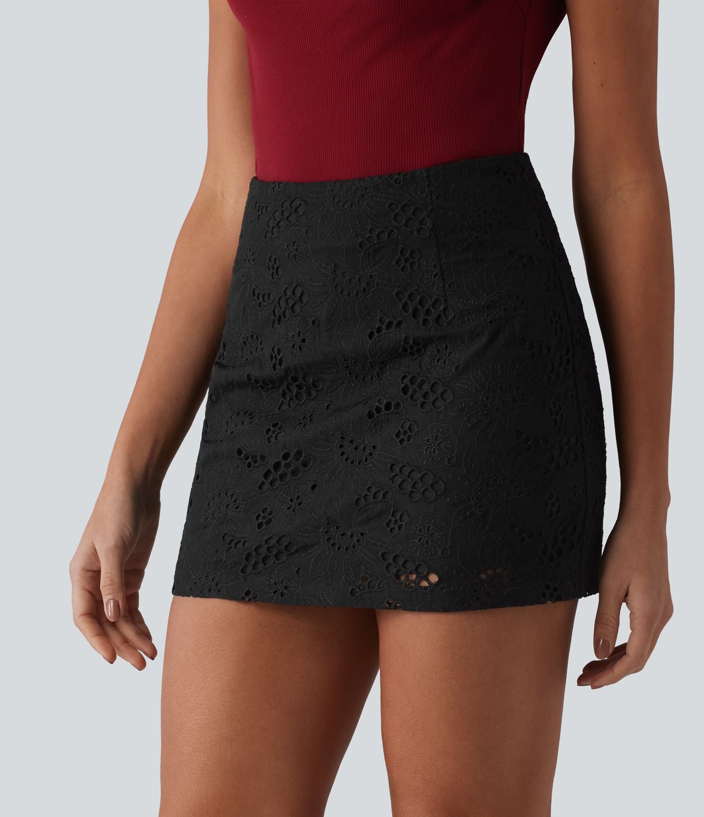 Jupe mini trapèze 2-en-1 taille haute avec fermeture éclair invisible et broderie anglaise