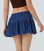Halara Flex™ jupe-short boule mini 2-en-1 taille moyenne à nœud en jean extensible délavé