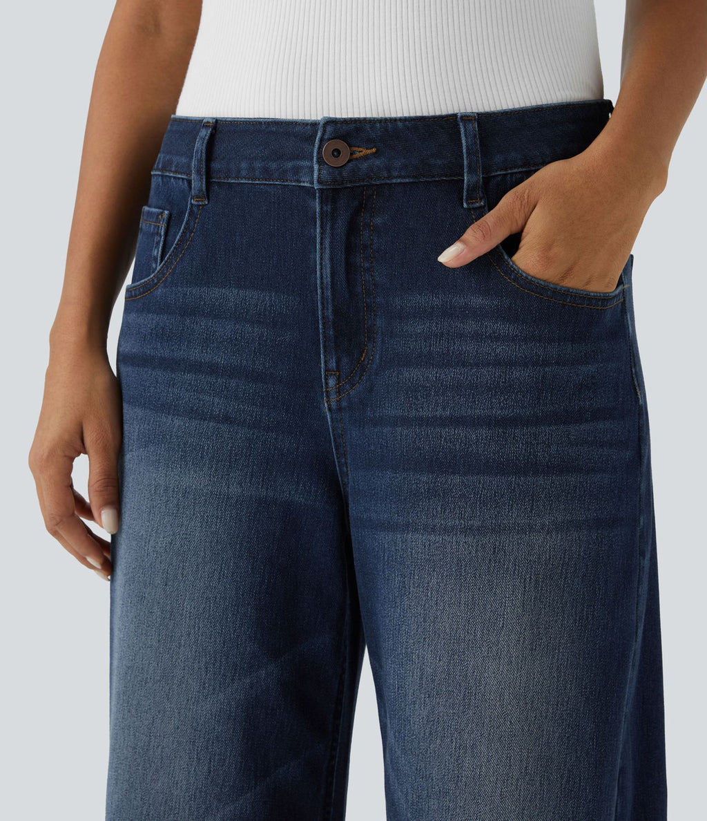 Halara Flex™ Jean Large Casual Taille Basse avec Boutons Zip Multiples Poches Lavés Élastiques et Tricotés