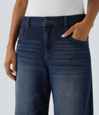 Halara Flex™ Jean Large Casual Taille Basse avec Boutons Zip Multiples Poches Lavés Élastiques et Tricotés