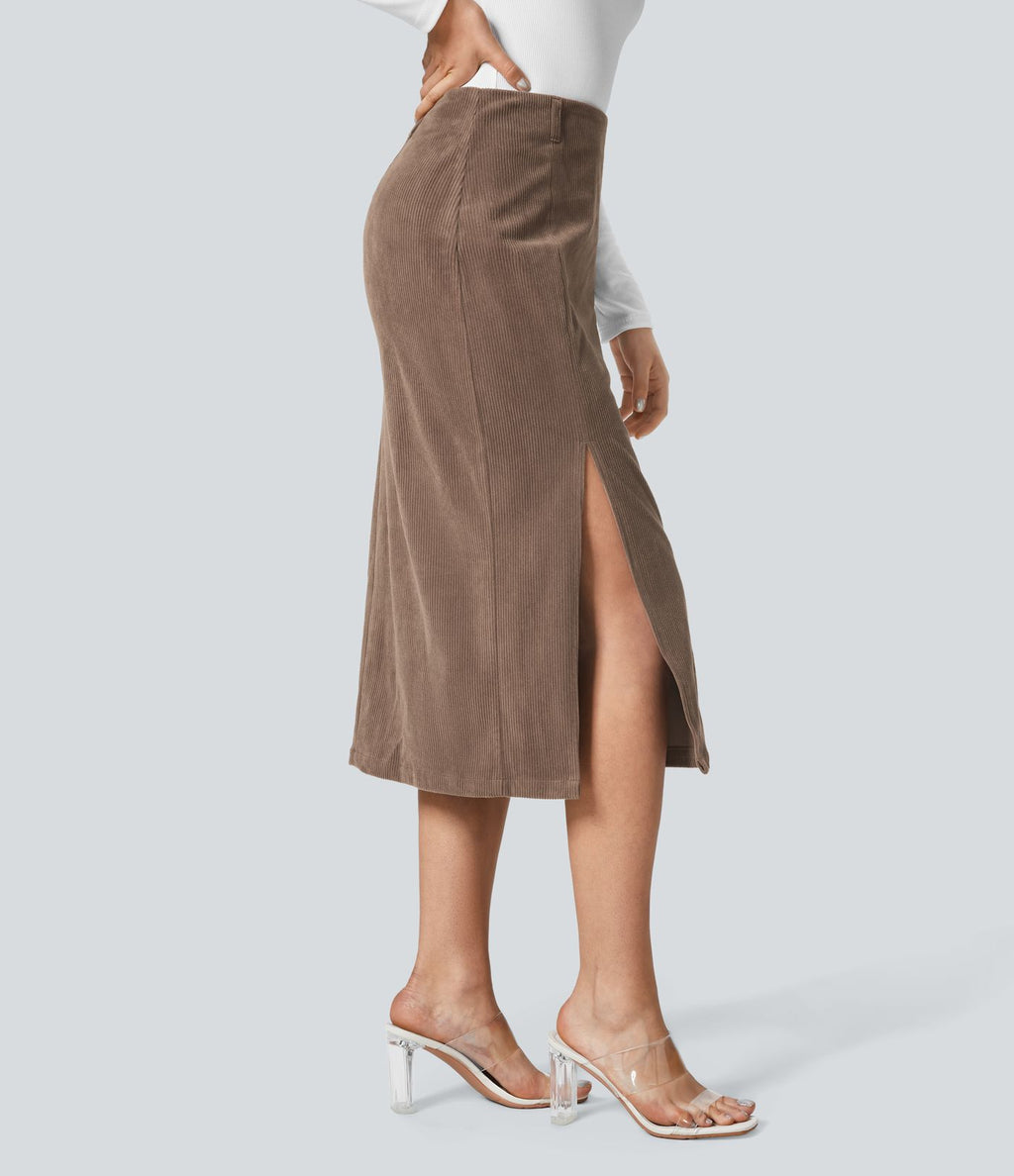 Jupe Casual en Velours Côtelé Mi-longue Taille Haute Fermeture Éclair Invisible et Fente fendue