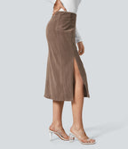 Jupe Casual en Velours Côtelé Mi-longue Taille Haute Fermeture Éclair Invisible et Fente fendue