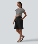 Bermuda ample infroissable taille haute plissé aspect lin avec fermeture éclair invisible et poches