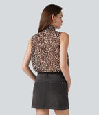 Blouse de travail en mousseline col cheminée avec nœud, sans manches, imprimé léopard