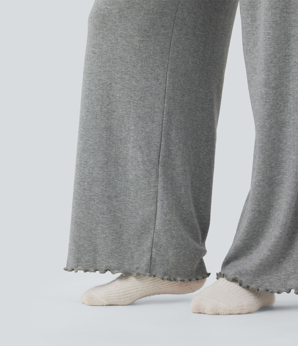 Pantalon détente taille haute coupe droite finitions plissées pointelle avec cordon de serrage