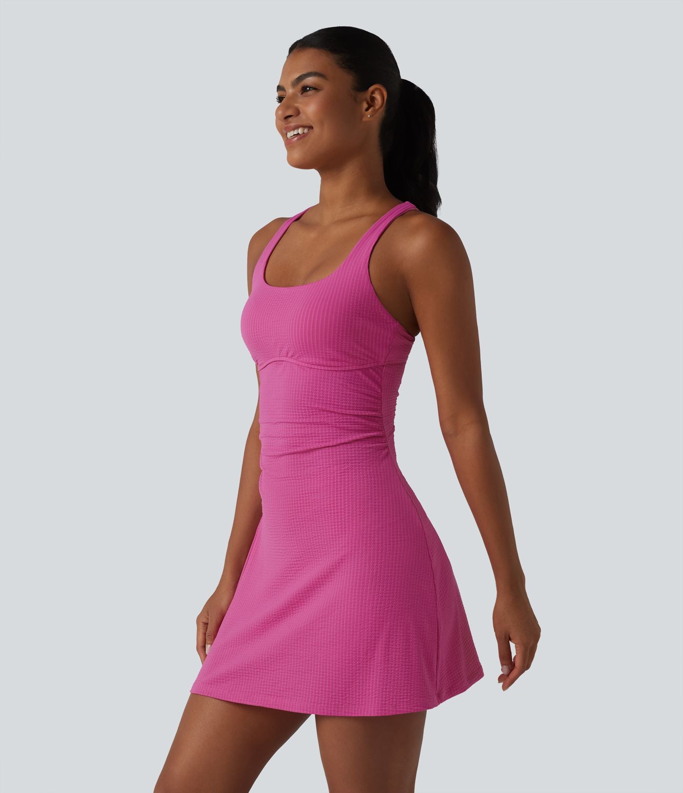 Robe sport mini de tennis 2 pièces à col U, soutien-gorge intégré, rayures, séchage rapide et poches - UPF40+