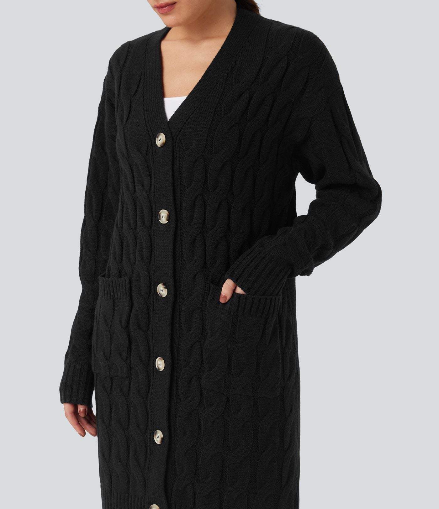 Cardigan décontracté long col V manches longues avec poches