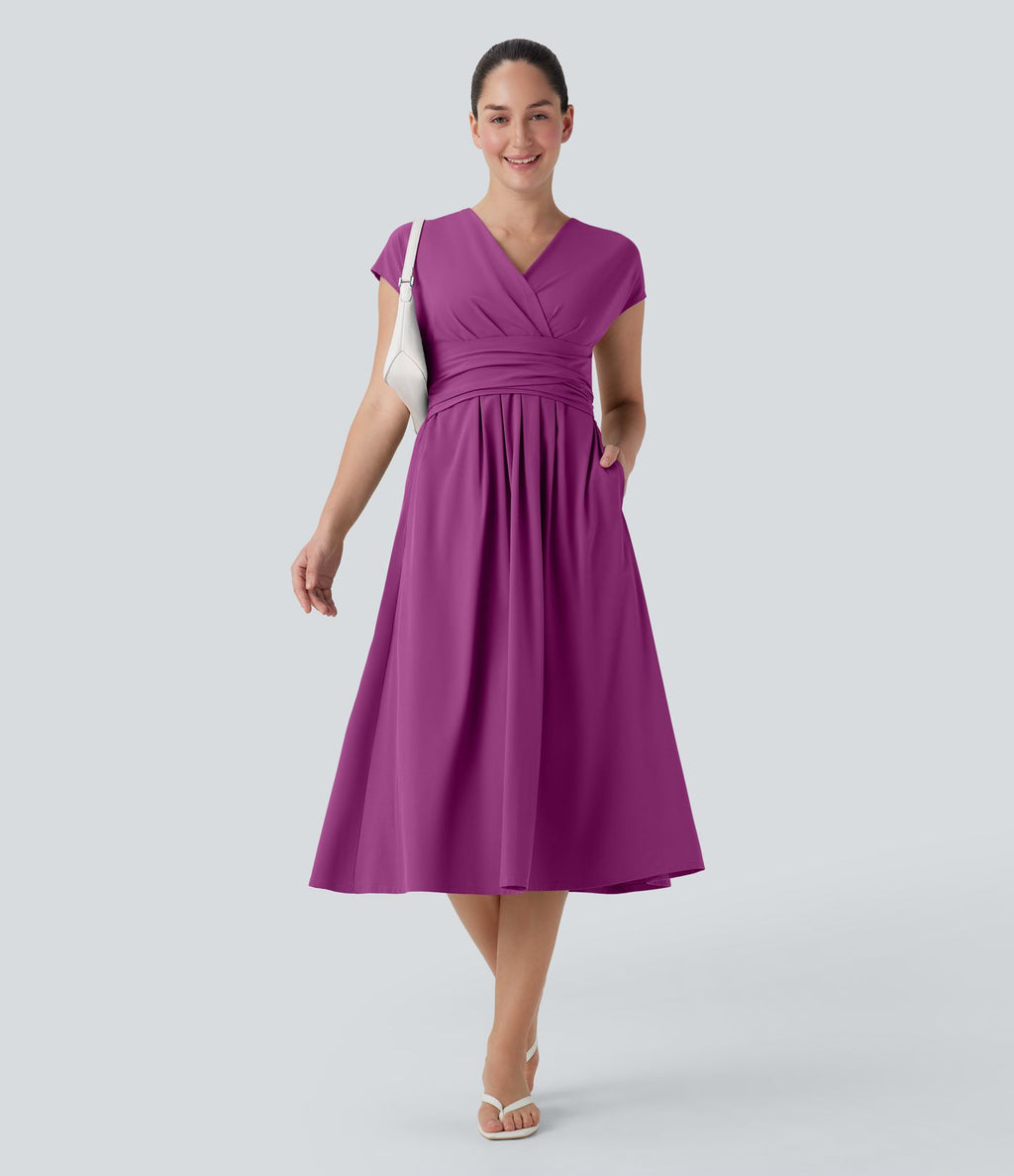 Robe midi Breezeful™ col V manches courtes à liens dans le dos séchage rapide avec poches latérales