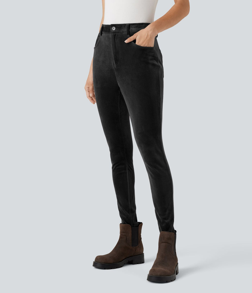 Pantalon velours côtelé taille haute avec poches