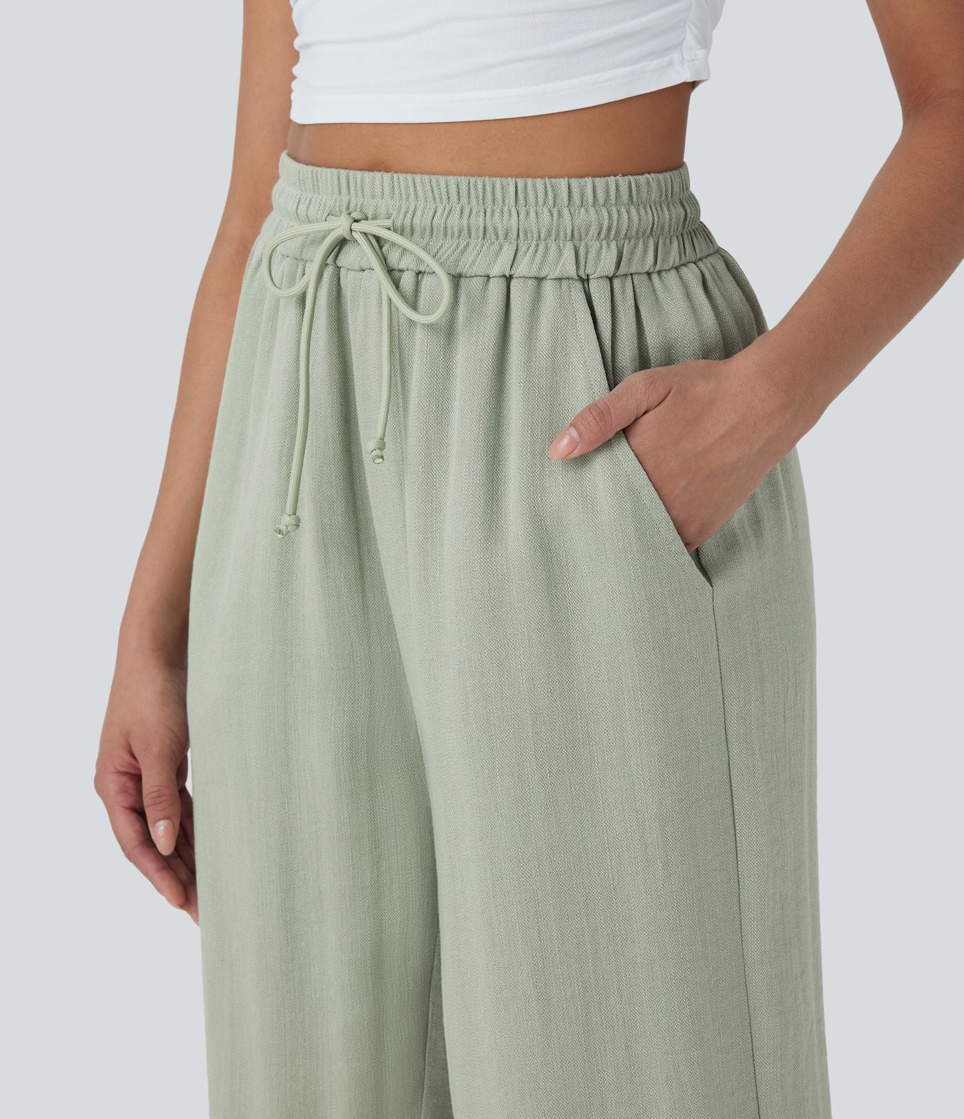 Pantalon décontracté aspect lin 7/8 à taille haute, jambe large avec cordon de serrage et poches latérales