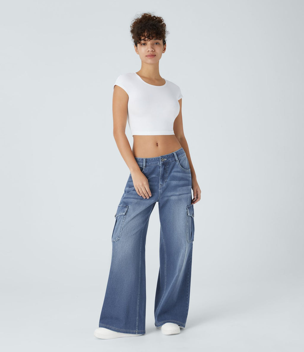 Jean cargo décontracté Halara Flex™ à taille basse, jambes larges, poches multiples et tissu extensible