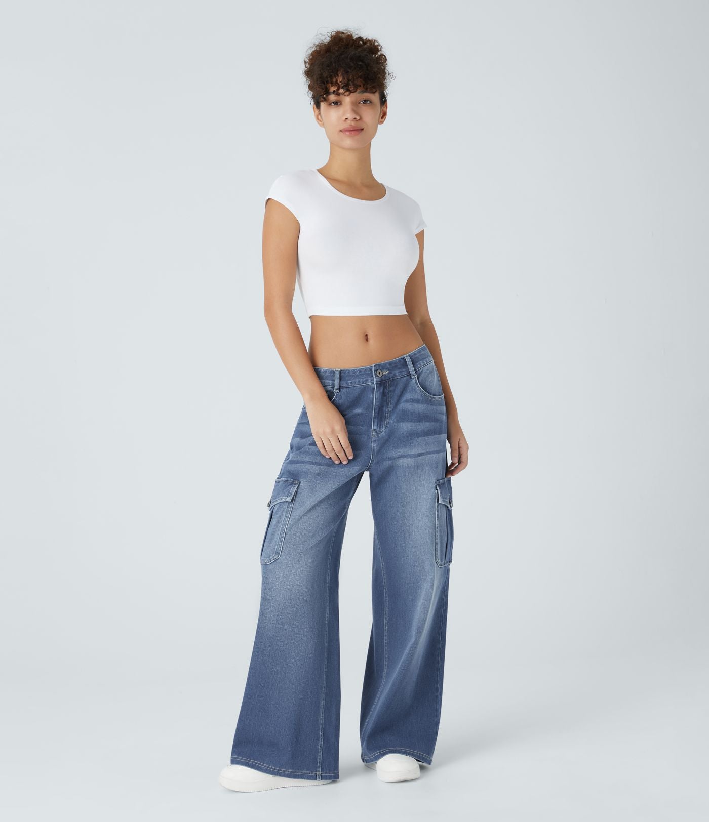 Jean cargo décontracté Halara Flex™ à taille basse, jambes larges, poches multiples et tissu extensible