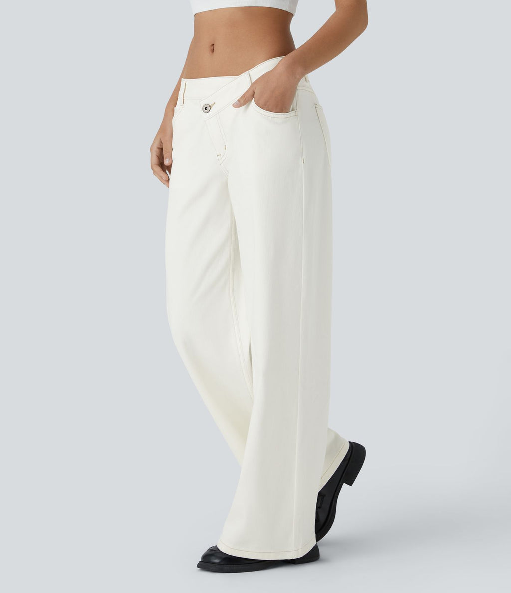Halara Flex™ Jean large asymétrique taille basse avec bouton, fermeture éclair et poches multiples, délavé et extensible en maille