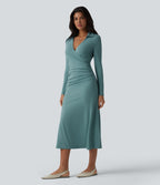 Robe midi décontractée à col en V et manches longues froncées