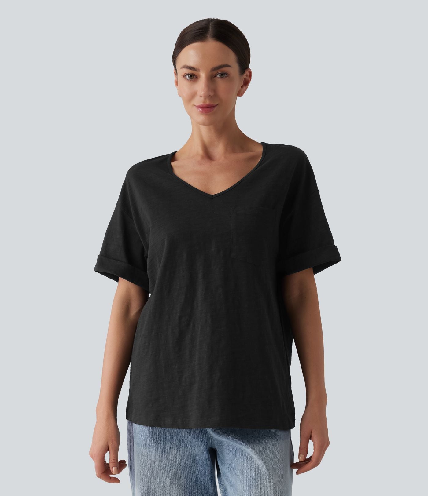 T-shirt casual ample col cœur manches courtes retroussées en coton slub avec poche
