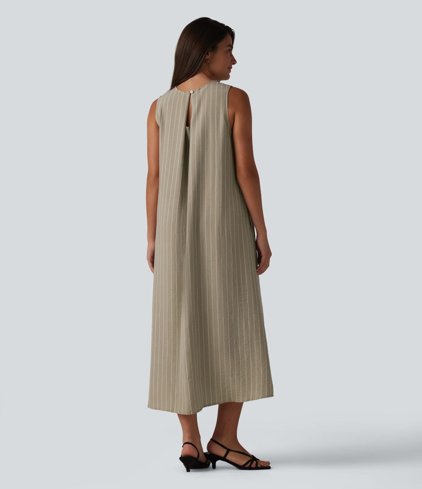 Robe décontractée midi col rond sans manches à rayures dos ajouré avec poches