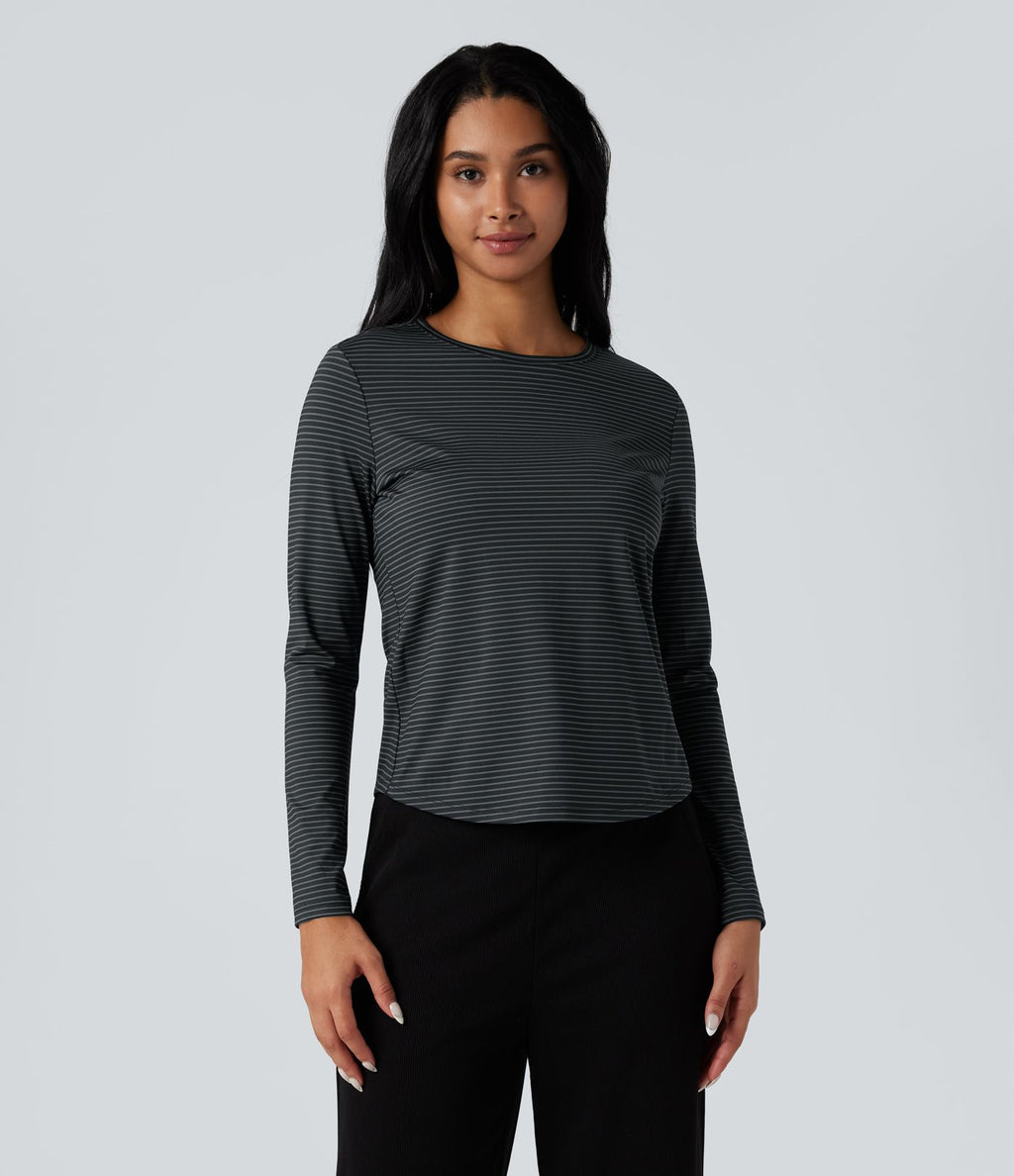 Top de sport yoga rayé ourlet arrondi col rond manches longues