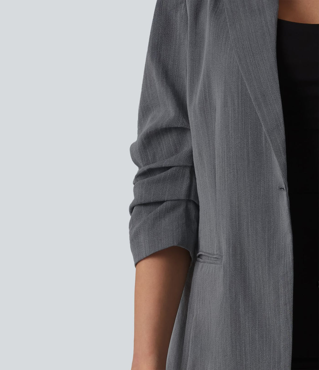 Blazer à manches 3/4 froncées, aspect lin, avec poches, idéal pour le bureau