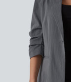 Blazer à manches 3/4 froncées, aspect lin, avec poches, idéal pour le bureau