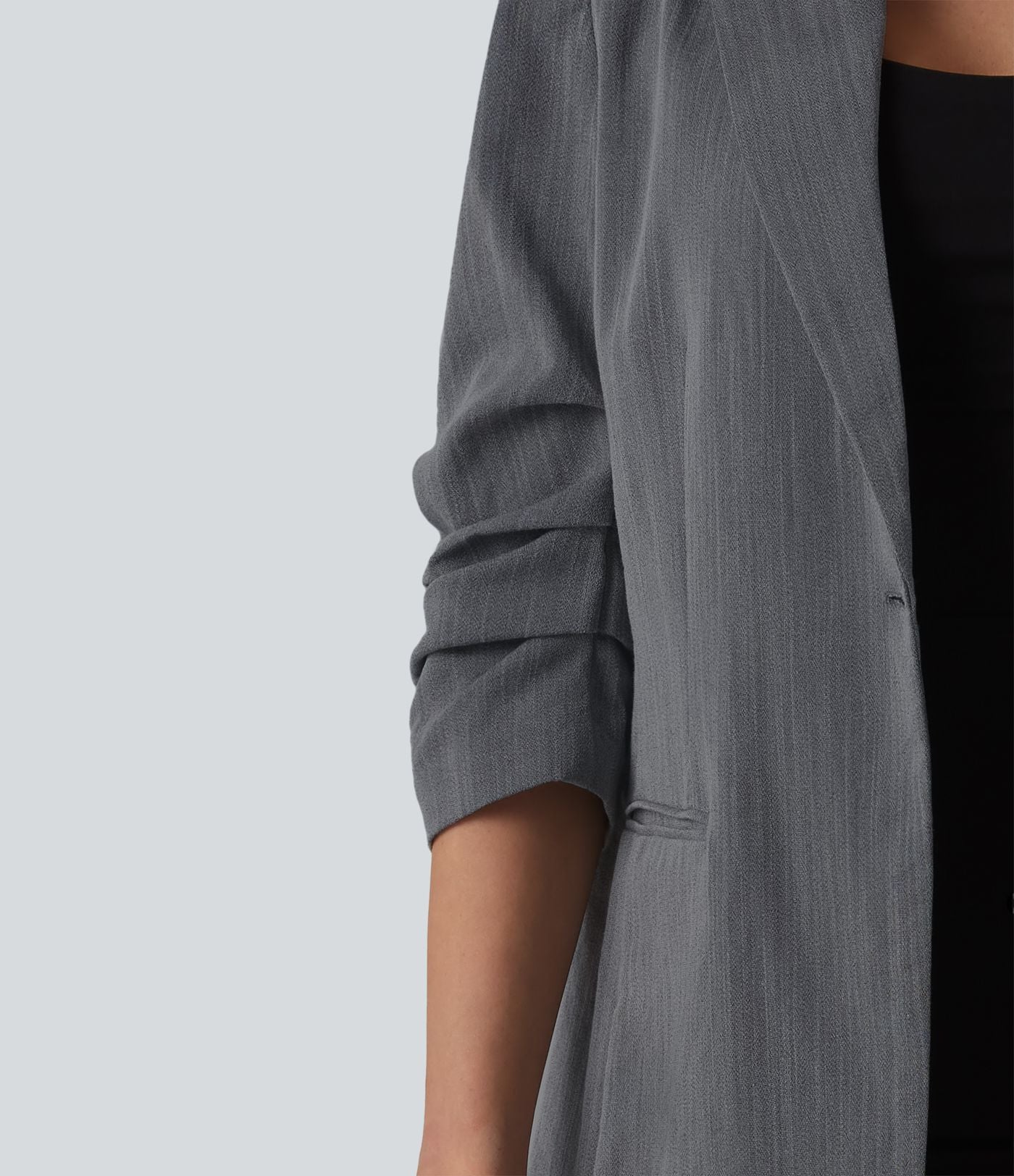 Blazer à manches 3/4 froncées, aspect lin, avec poches, idéal pour le bureau