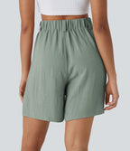 Bermuda Large Fluide Taille Haute avec Plis et Poches Latérales en Lin Synthétique