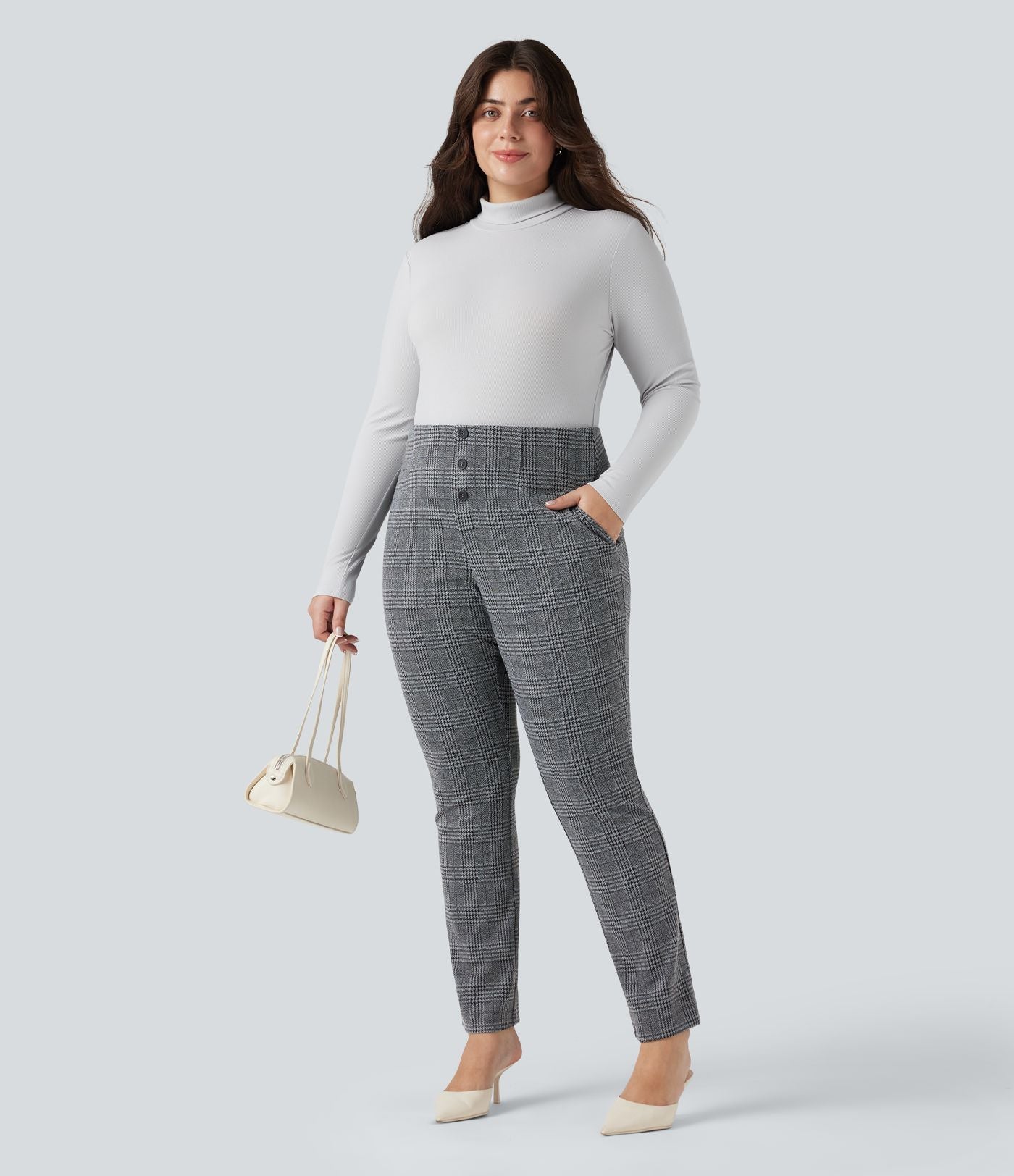 Pantalon tailleur skinny Halara Flex™ grande taille taille haute pied-de-poule à carreaux avec poches